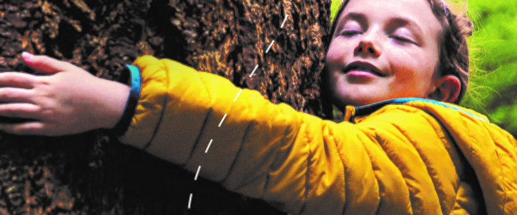 Child wearing yellow coat hugging a tree 