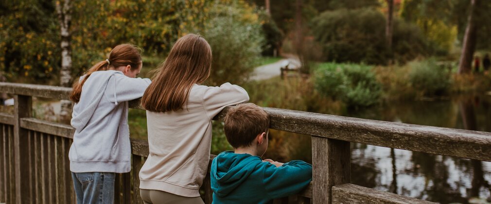 Three children looking over the edge of a wooden bridge into the lake.