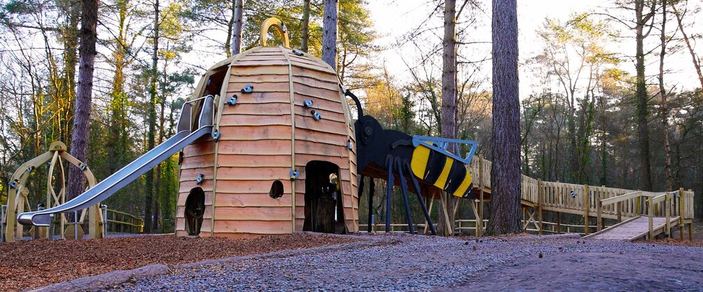 A photo of some Bive Hive shaped play equipment in the forest