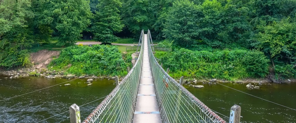 Bridge over a river towards a forest