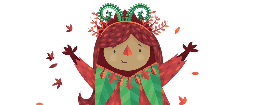 An illustration of Birtha. She wears a head dress with brown and green leaves creating a crown affect. She waves her hands in the air with leaves flying off around her. She has large green leaves around her next with a smaller row of brown leaves.