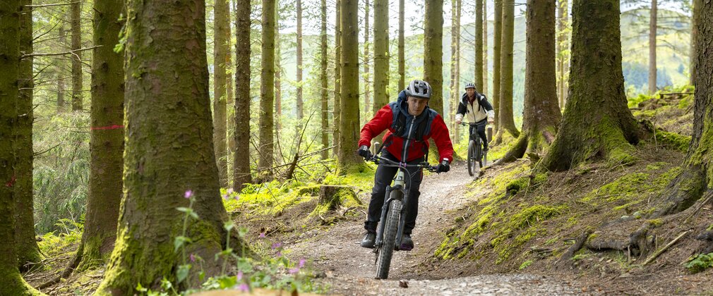 Two men cycling along a forest trail with a mountain visible behind them