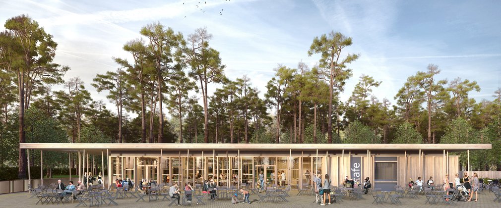A visualisation of the new cafe building set in Wendover Woods.