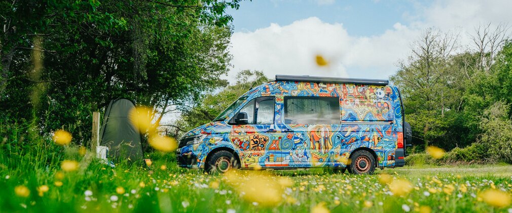 A brightly painted motorhome parked among greenery.