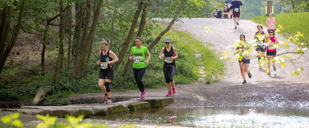 Runners crossing stepping stones