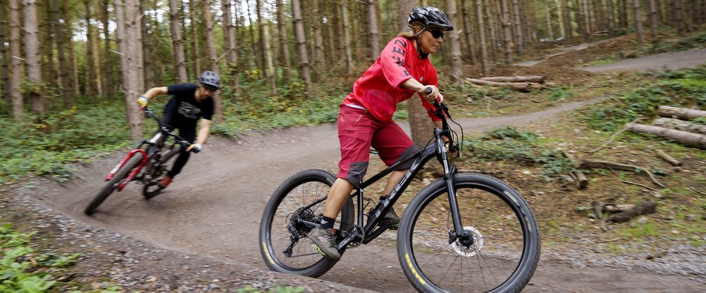 Two men ride mountain bikes down a trail through Cannock Chase Forest