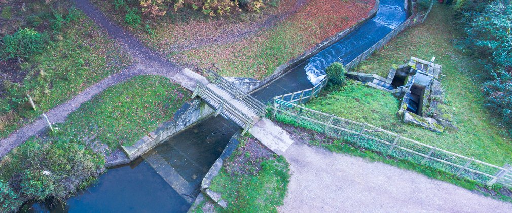 Drone shot of Cannop Ponds dam