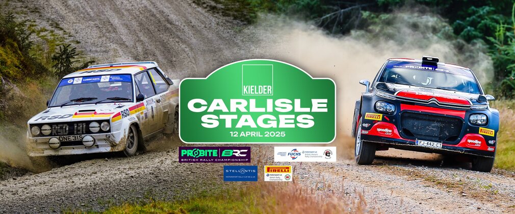 Two rally cars on a forest trail with the words Kielder Carlisle Stages between them