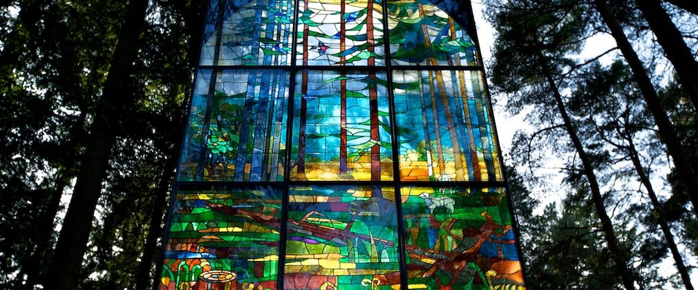 Stained glass hanging from trees