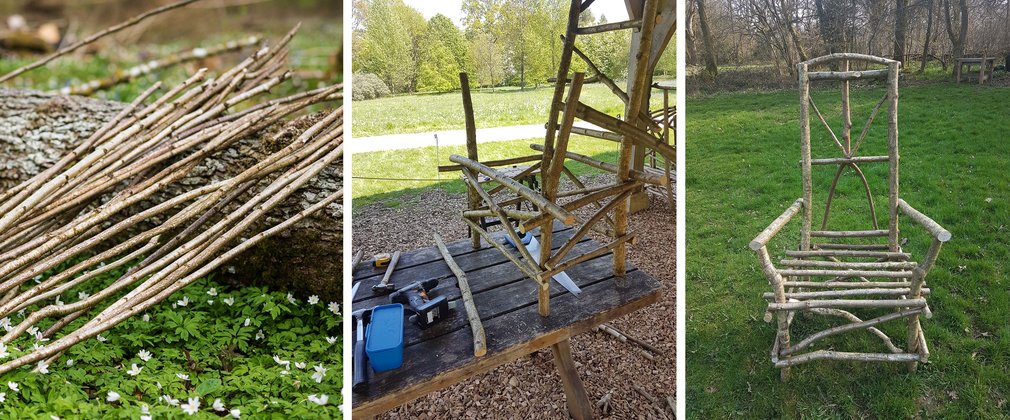Three images of a rustic chair being made