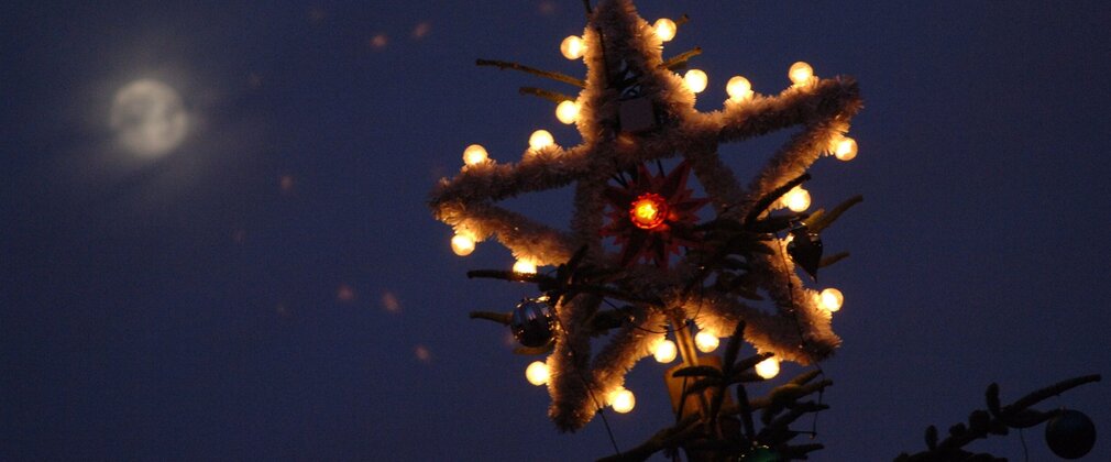 Close-up of star on top of an outdoor Christmas tree, with lights.