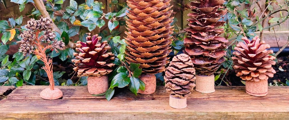 Pine cones made to look like christmas trees