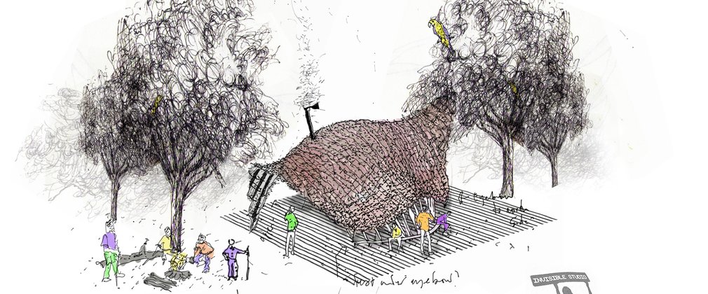 A sketch of a new community shelter. A brown curved structure sits in the middle with a trees set to the sides. Sketched people stand and sit around the shelter.