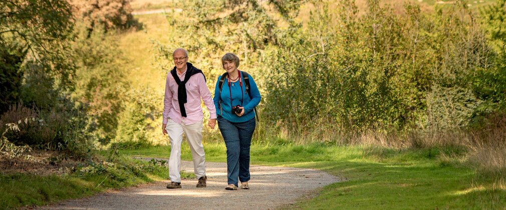 A couple walking hand in hand with a camera in the national pinetum