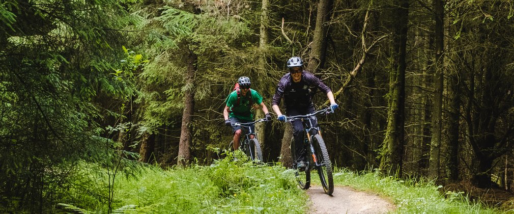 Two mountain bikers on flat trails