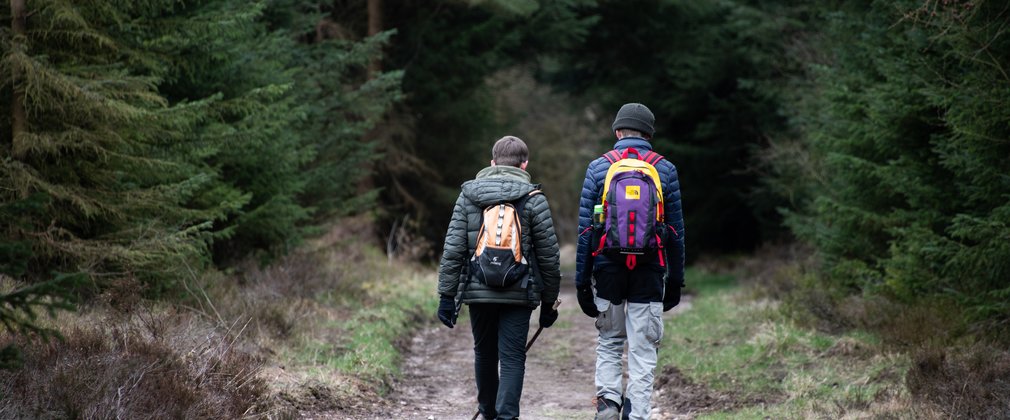 Two people walking down a forest trail