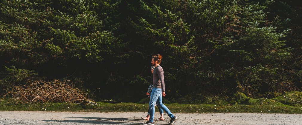 A couple on a forest road in a conifer forest