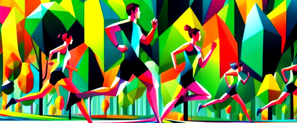 A cartoon graphic of runners running through trees all brightly coloured shapes.