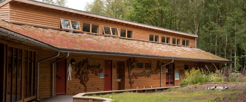 A wooden panelled building set among trees. In front of the building is a grassy area.