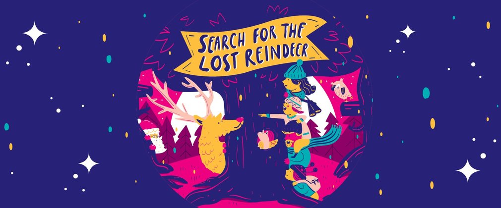 Cartoon illustration depicts a reindeer pocking it's head round a large tree. Four family members poke their heads round the other side of the tree to point at the lost reindeer