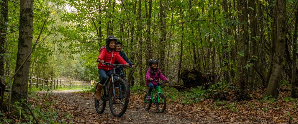 Family cycling through the dense wood