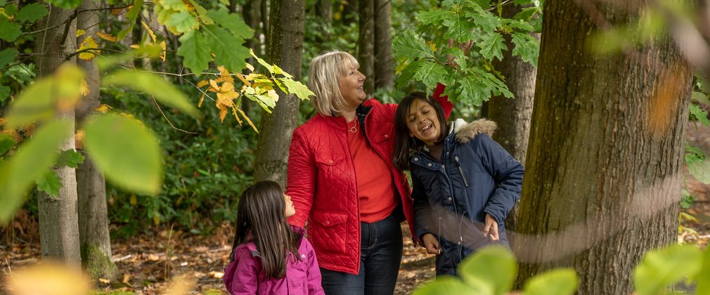 Family looking at autumn leaves large leaf oak in autumn at Bedgebury National Pinetum