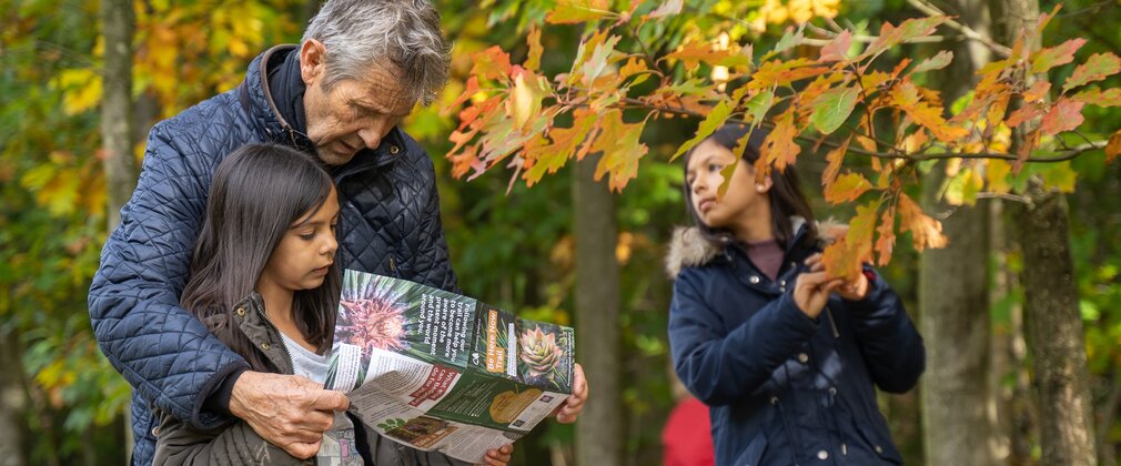 Family following a map in the forest