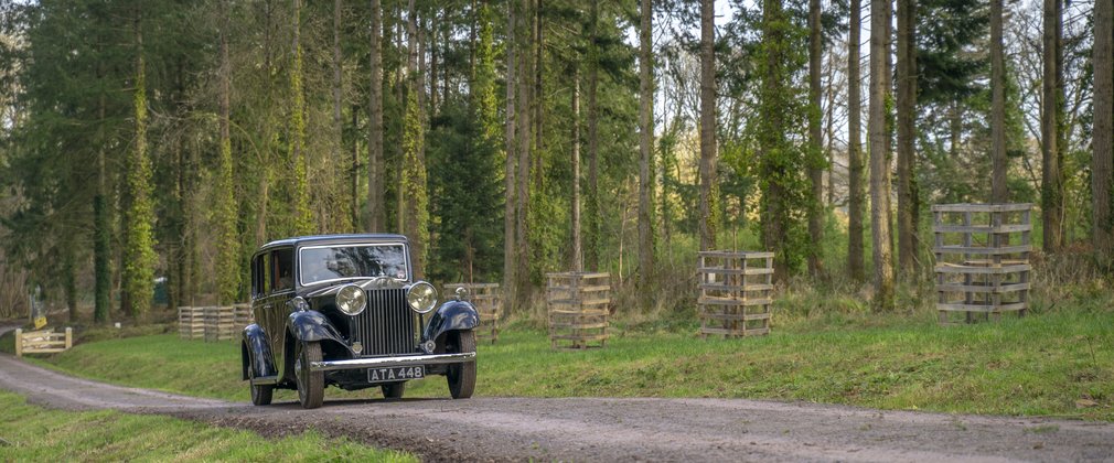 Rolls Royce drives along a forest road with conifer trees in the background.
