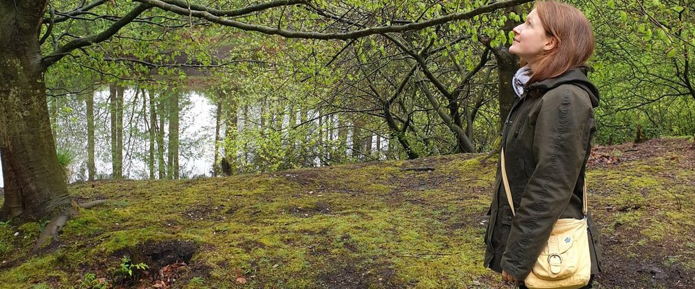 Woman looking up at trees by lake