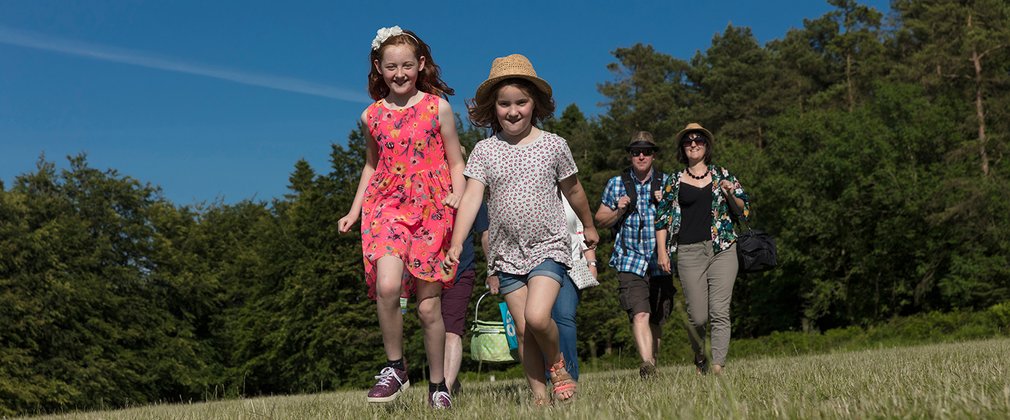 Family walking with picnic in sunny field 