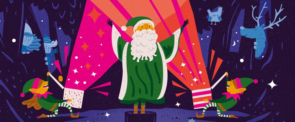 A cartoon image of Father Christmas dressed in green with his arms in the air. Two elves are are either side of him with presents that shoot out bright sparks of light to start illuminating the dark trees behind them.