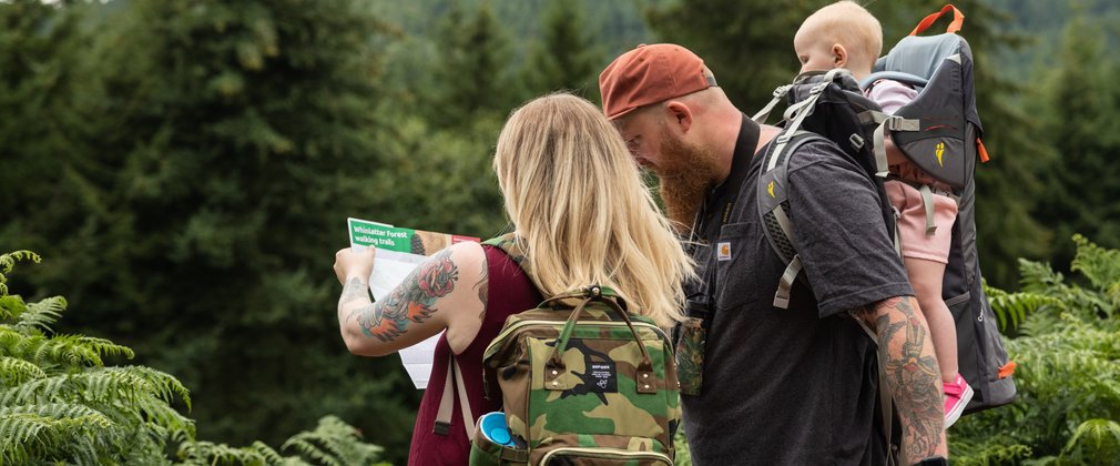 Family with baby looking at map in forest