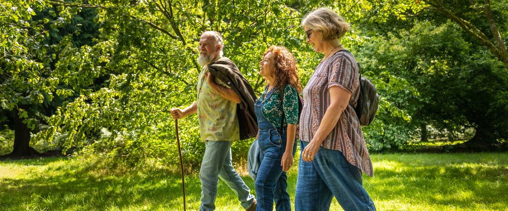 A man and two women walking a lush green forest