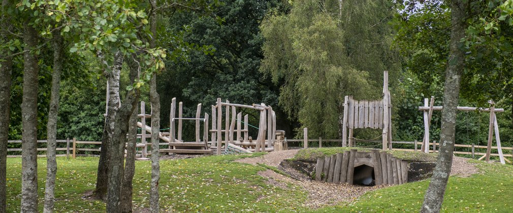 An assortment of wooden play features within a forest