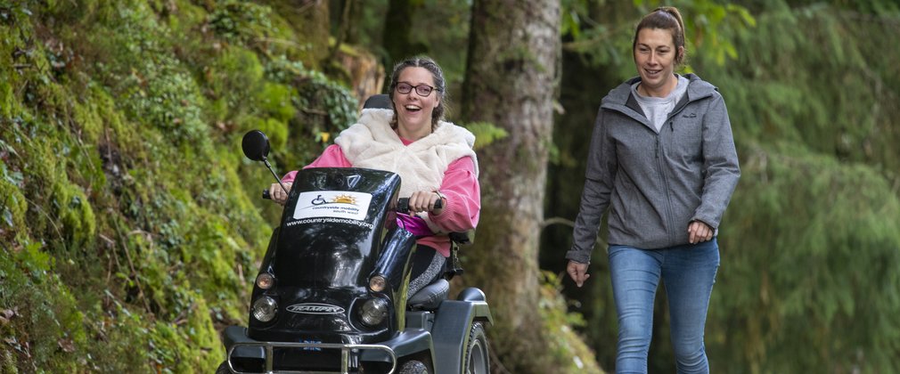 Tramper user and walker on a forest road