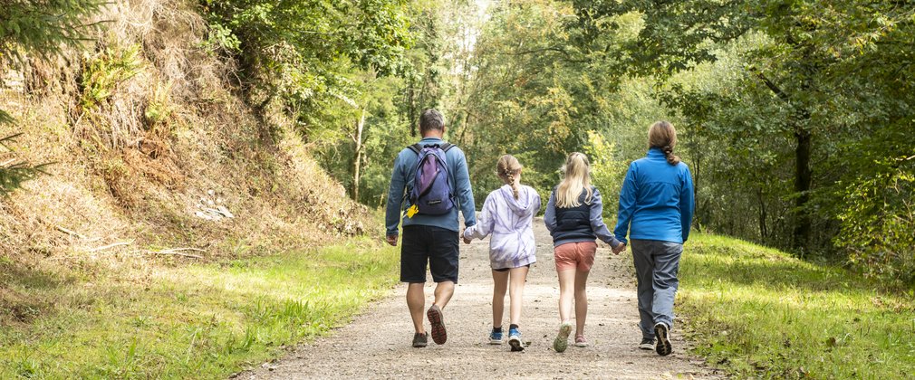 Two adults and two children walking away from the camera up a forest road