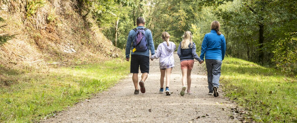 Two adults and two children walking away from the camera up a forest road
