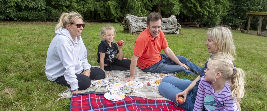 Family sitting on a picnic rug enjoying some food