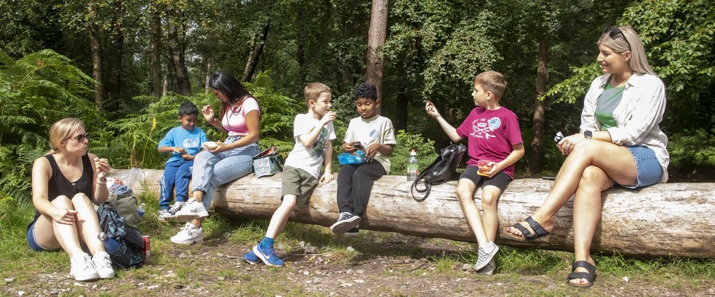Adults and children sit on a large log having a picnic