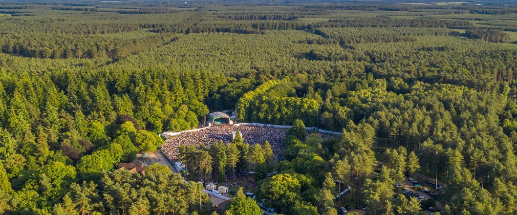 An aerial view of the Forest Live stage at Thetford Forest 