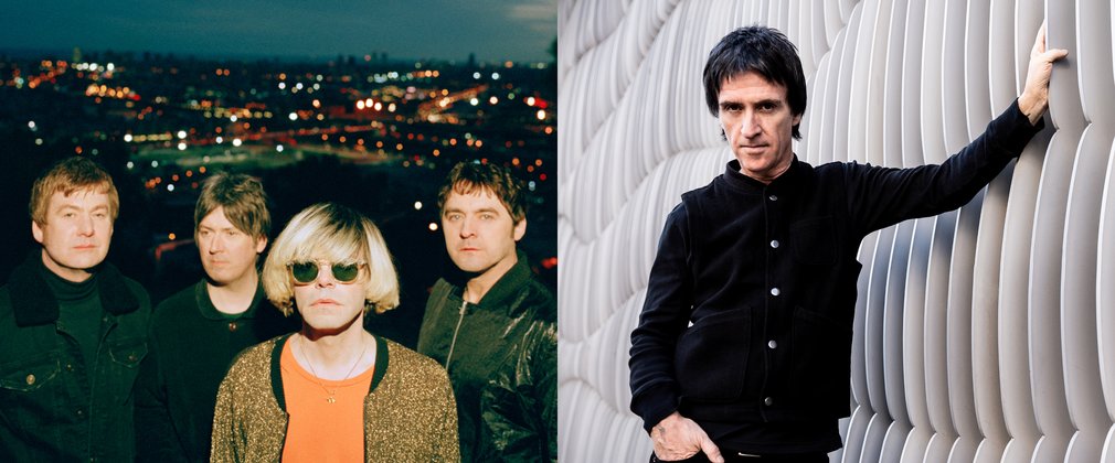 On the left is a photo of The Charlatans stood in front of a city at night, on the right is Johnny Marr dressed in a black shirt stood against a white textured background