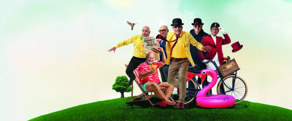 The band Madness celebrate their new tour dates with summer themed memorabilia including deck chairs and an inflatable flamingo. 