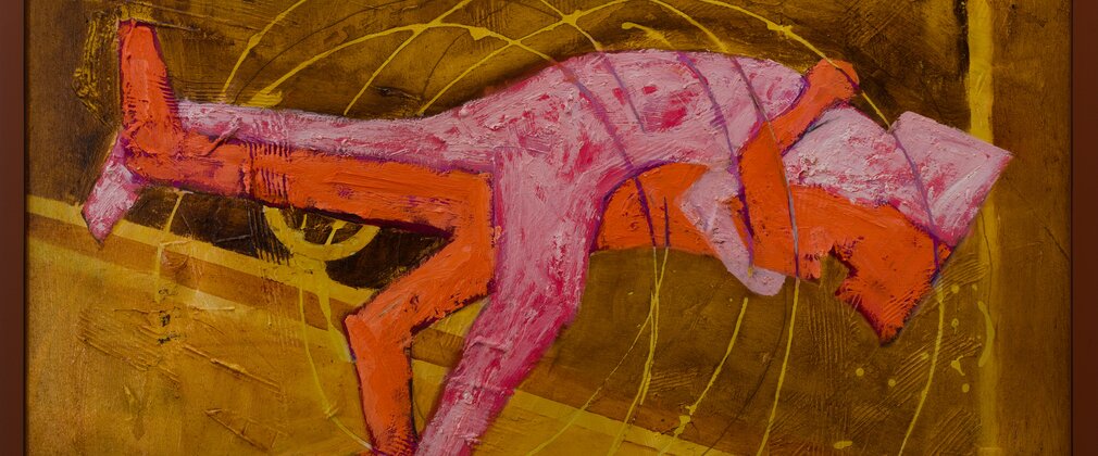 An art piece depicting Cumberland & Westmorland wrestling, two pink and red figures wrestling against a yellow background.