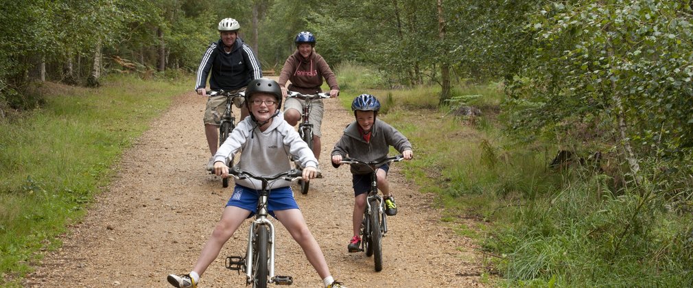 Family on bikes in the forest