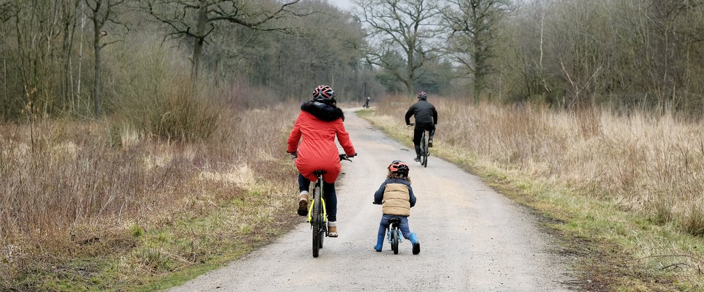 Family on bike ride on forest path