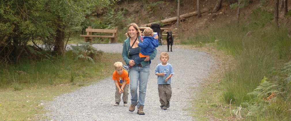 Family walking on gravel path through forest