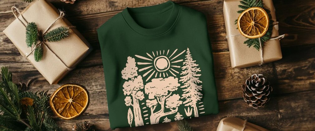 A folding green jumper surrounded by wrapped boxes and festive foliage.