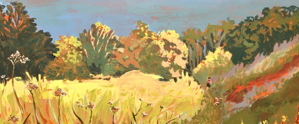 A painting of vast yellows, greens and reds to show a field with wild flowers growing, with a path through the side. Trees line the horizon.