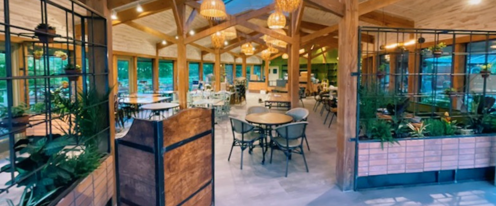 A large dining space with tables and chair set out ready for visitors. Wicker light fittings hang from the ceiling and plant tubs surround the outside
