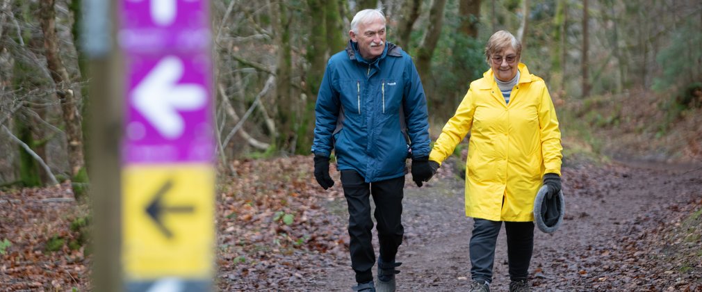 couple walking in the forest on waymarked trail